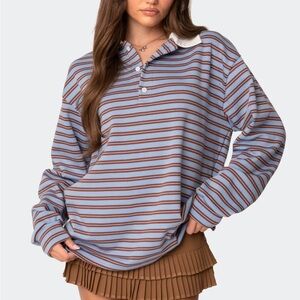 Edikted Striped Rugby Pullover in Light Blue, Brown & White